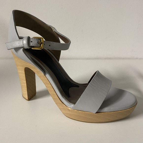 MARNI Sandal Leather Open Toe Platform Ankle Strap Wood Heel Grayish Blu… - Picture 2 of 10